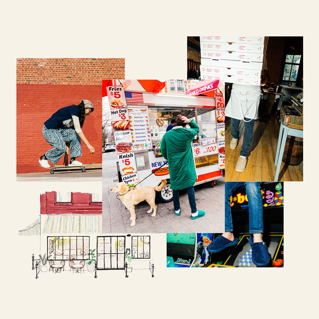 Collage of NYC street scenes: person at a hot dog cart with a dog, skateboarder by a brick wall, stacked pizza boxes, casual shoes and hand-drawn cafe sketches