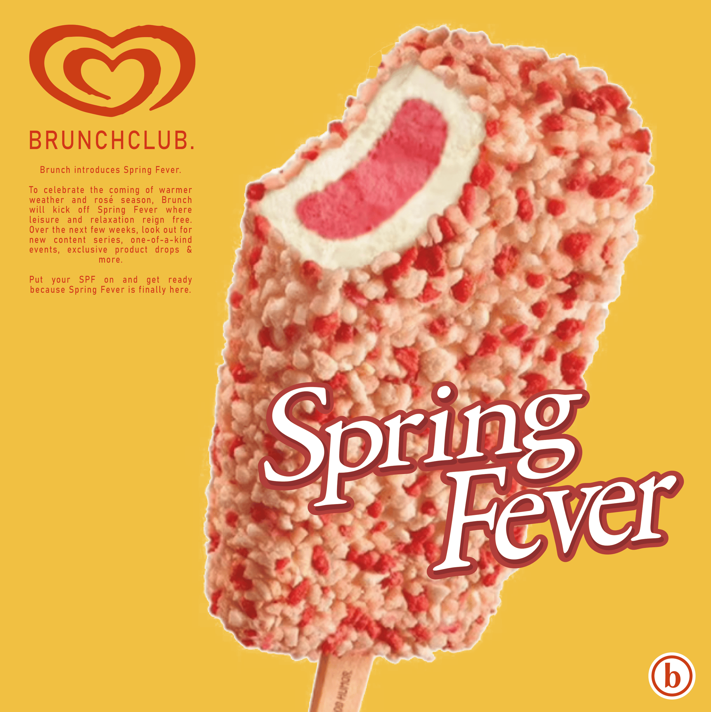BrunchClub banner showing a pink and cream crumb coated ice cream bar and the headline Spring Fever