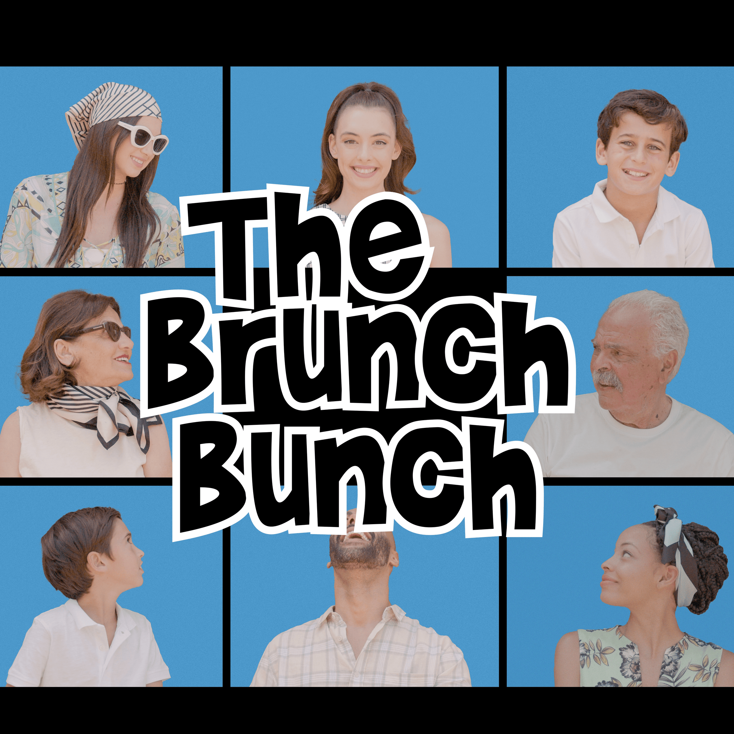 Banner reading "The Brunch Bunch" over a nine-panel grid of diverse smiling people on blue backgrounds