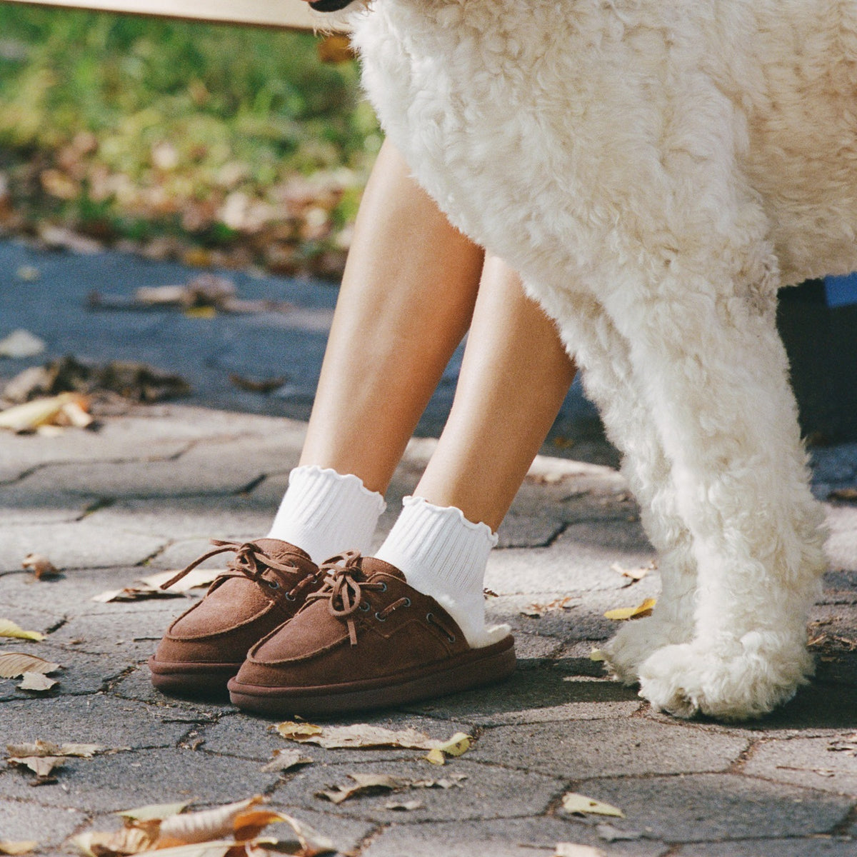 Boat Mule Shearling Pecan on foot