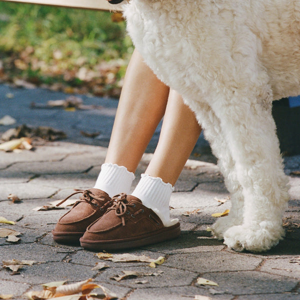 Boat Mule Shearling Pecan on foot