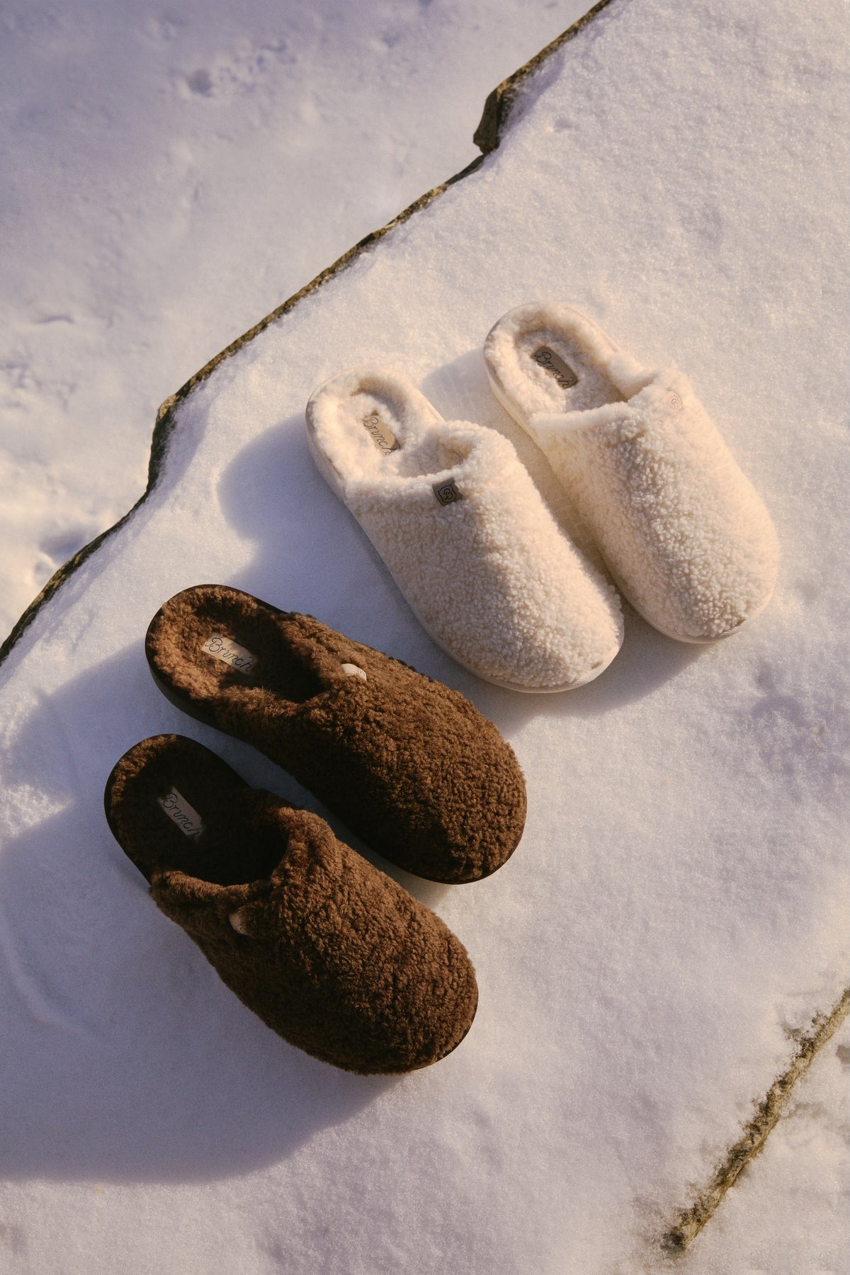 Pair of brown and beige slippers on a snowy ground