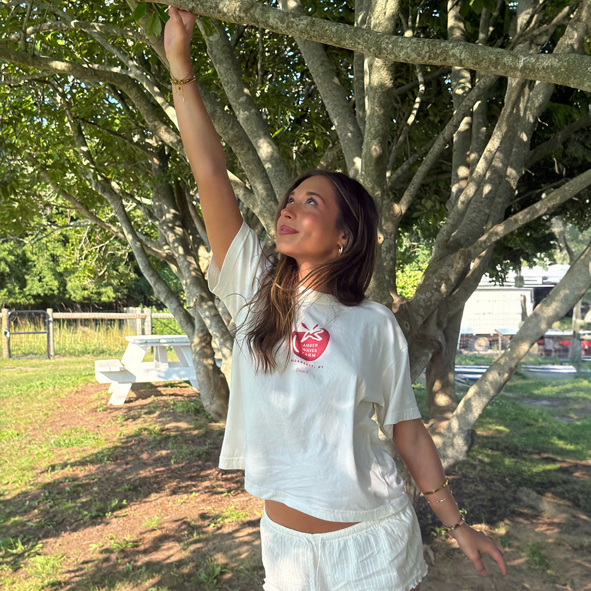 Front view of cropped Tomato Baby Tee in cream on model showcasing red Amber Waves Farm chest logo with tree-shaded farm background