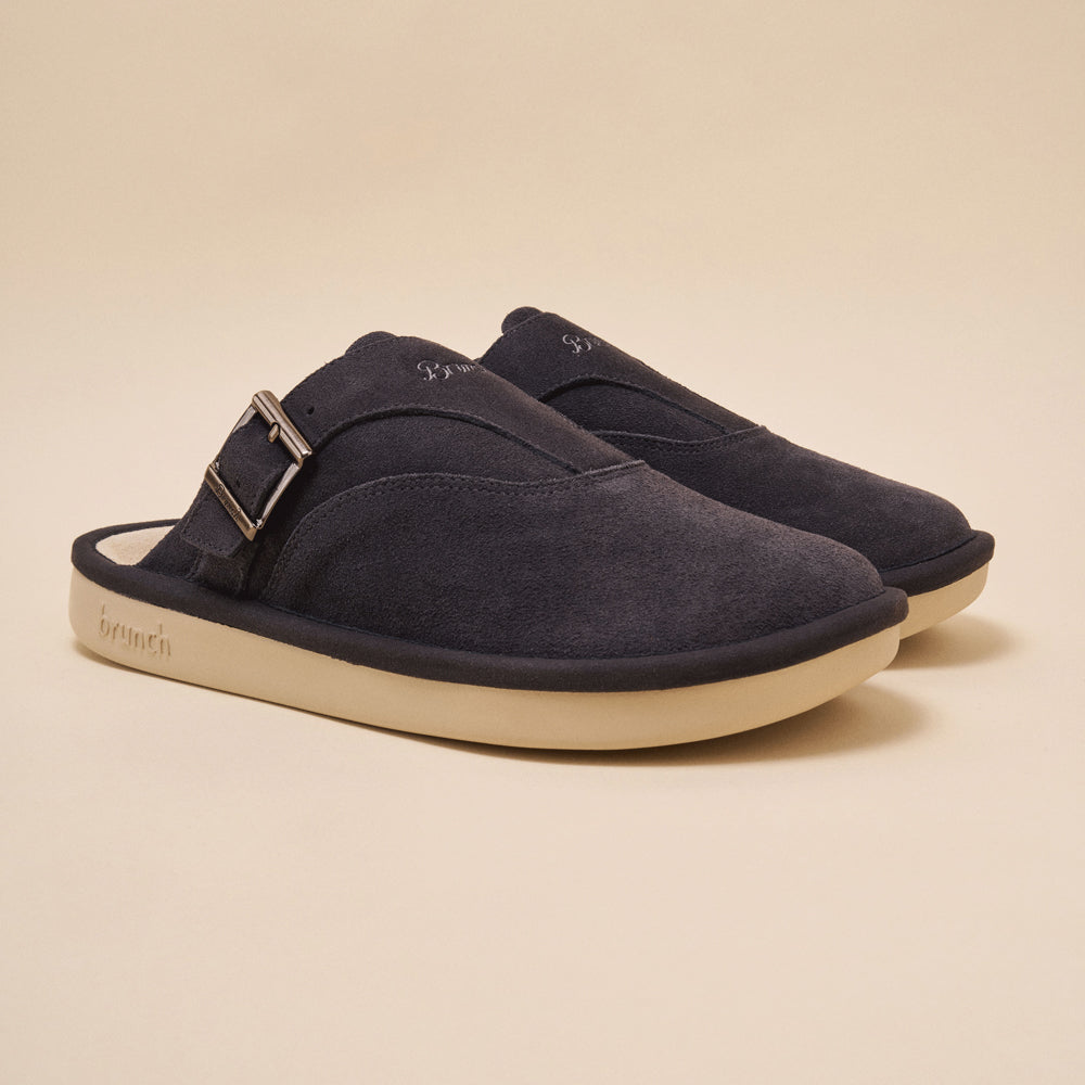 Charcoal suede slip-on mule with adjustable metal buckle, cream rubber sole and brunch logo on sole