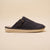 Charcoal suede slip-on mule with side buckle and cream sole embossed 'brunch'.