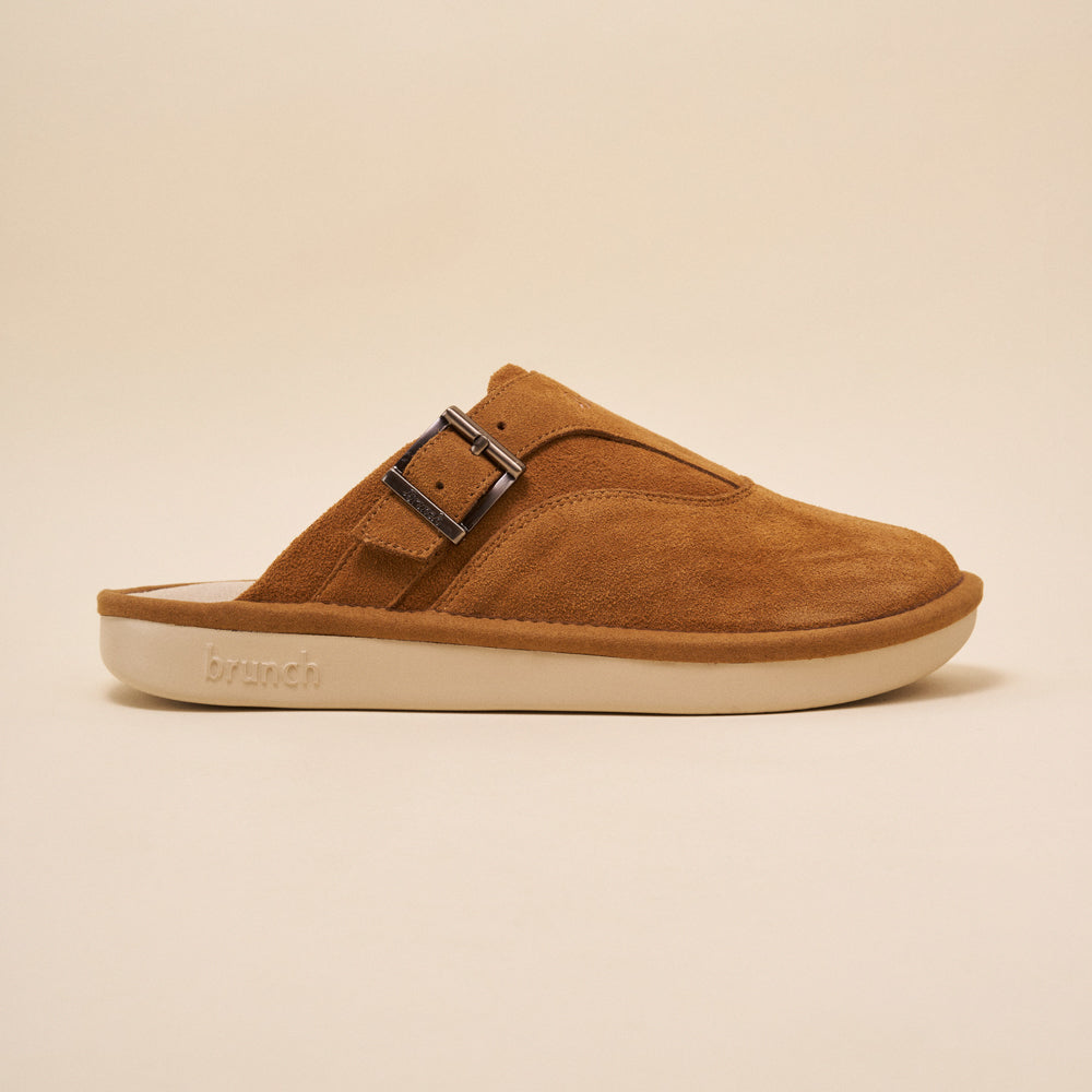 Brown suede slip-on mule with buckle and cream sole embossed 'brunch'.