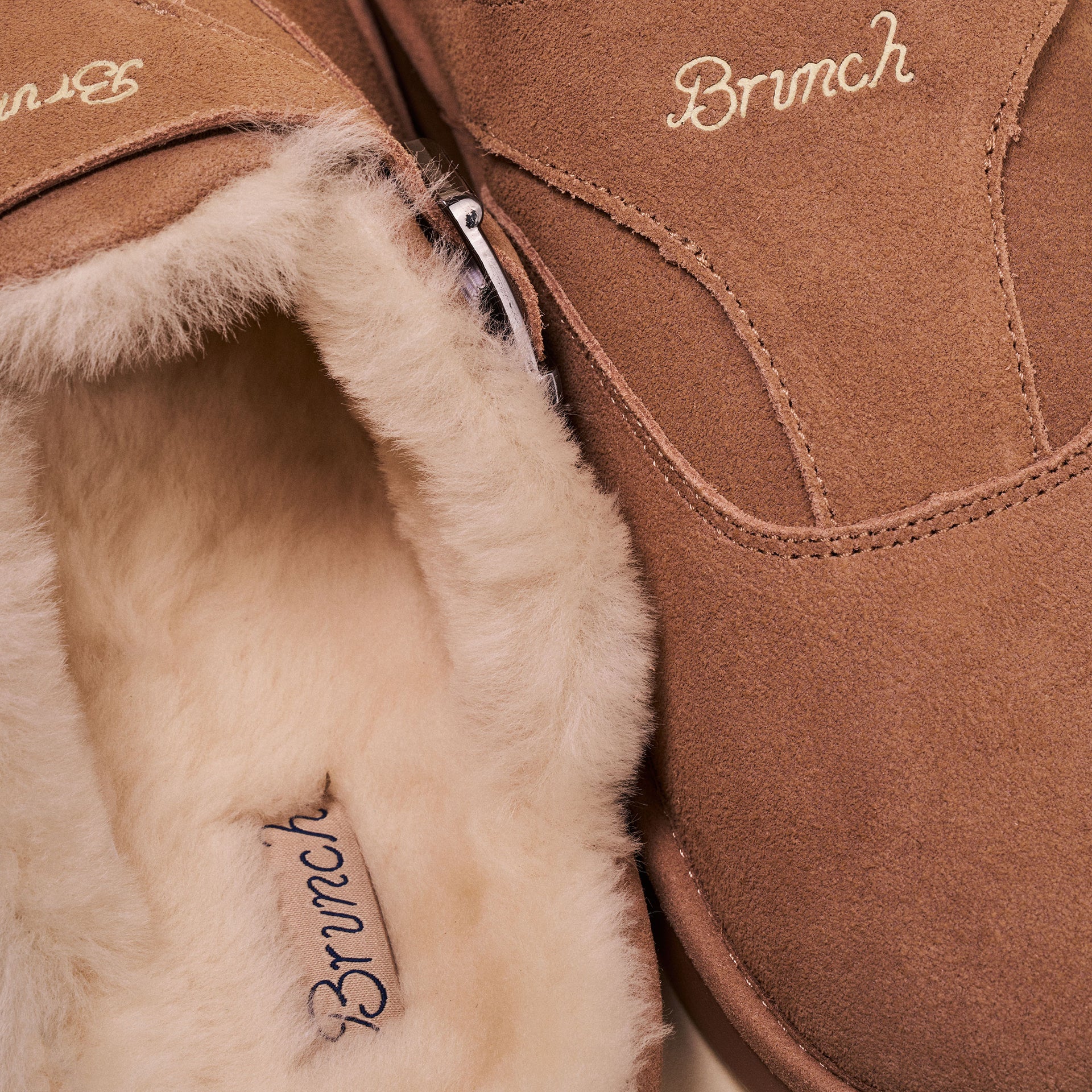 Taupe suede slipper with cream shearling lining and Brunch logo on insole