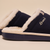 Navy fur-lined slip-on slippers with 'Brunch' embroidered on side and cushioned sole