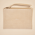 Beige suede wristlet clutch with top zipper and strap, 'Brunch' embroidered on front.