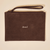Brown suede wristlet pouch with zipper and strap, white embroidered word "Brunch" centered