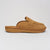 Profile view of Loafer in honey suede with backless mule design, cushioned footbed and recycled EVA outsole on light gray