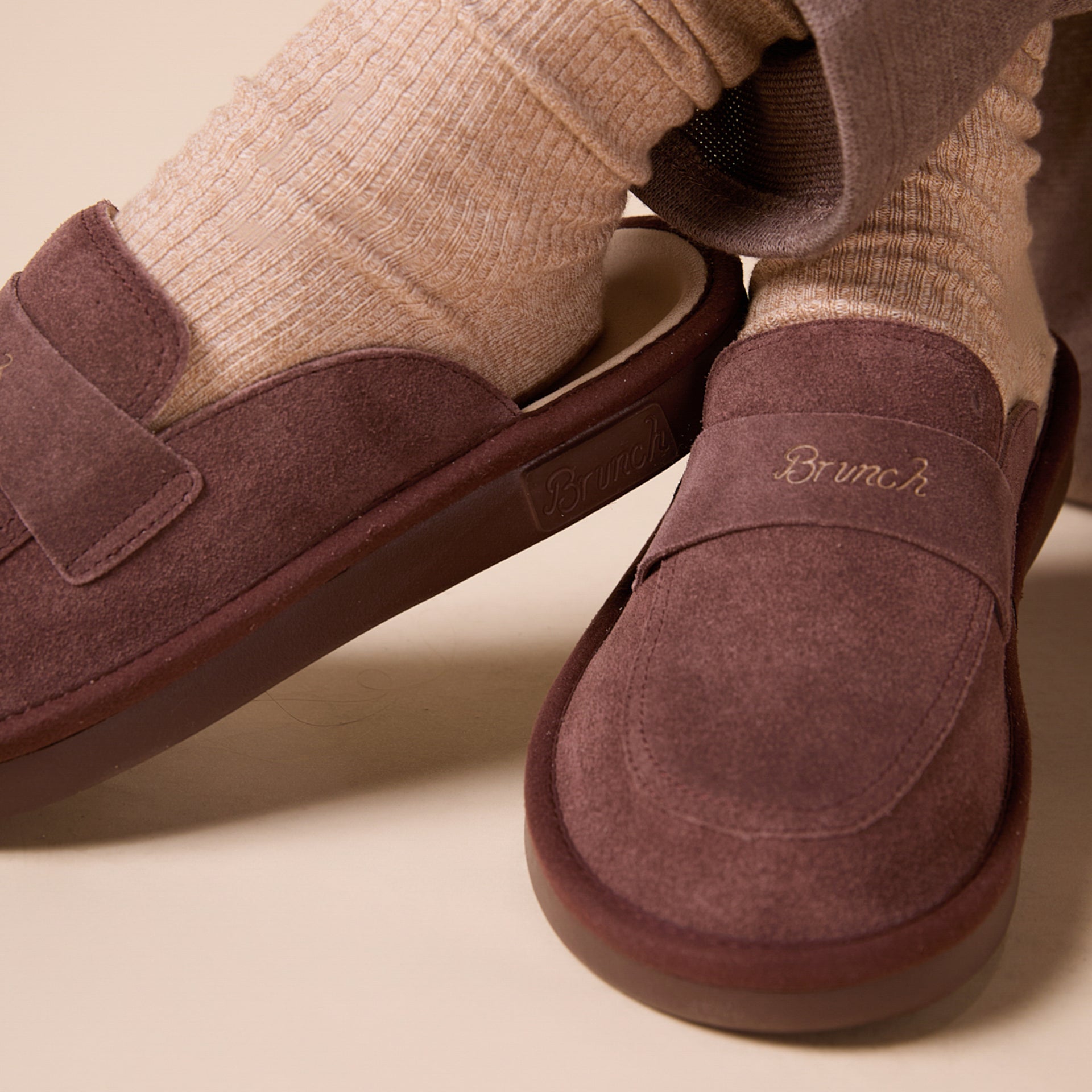 Suede brown slip-on loafer with “Brunch” script on vamp and embossed logo on sole
