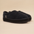 Black sherpa fleece slip-on slippers with cushioned thick sole and small side fabric tag