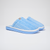 Angled view of Essential Cabana striped terry slipper showcasing blue and white cotton terry upper and blue EVA sole on white background