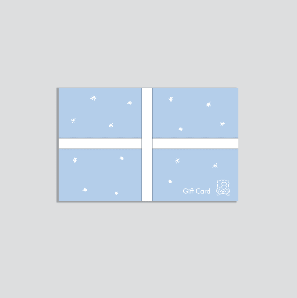 Front view of Brunch gift card with light blue wrap, white ribbon and scattered white star accents on light gray background