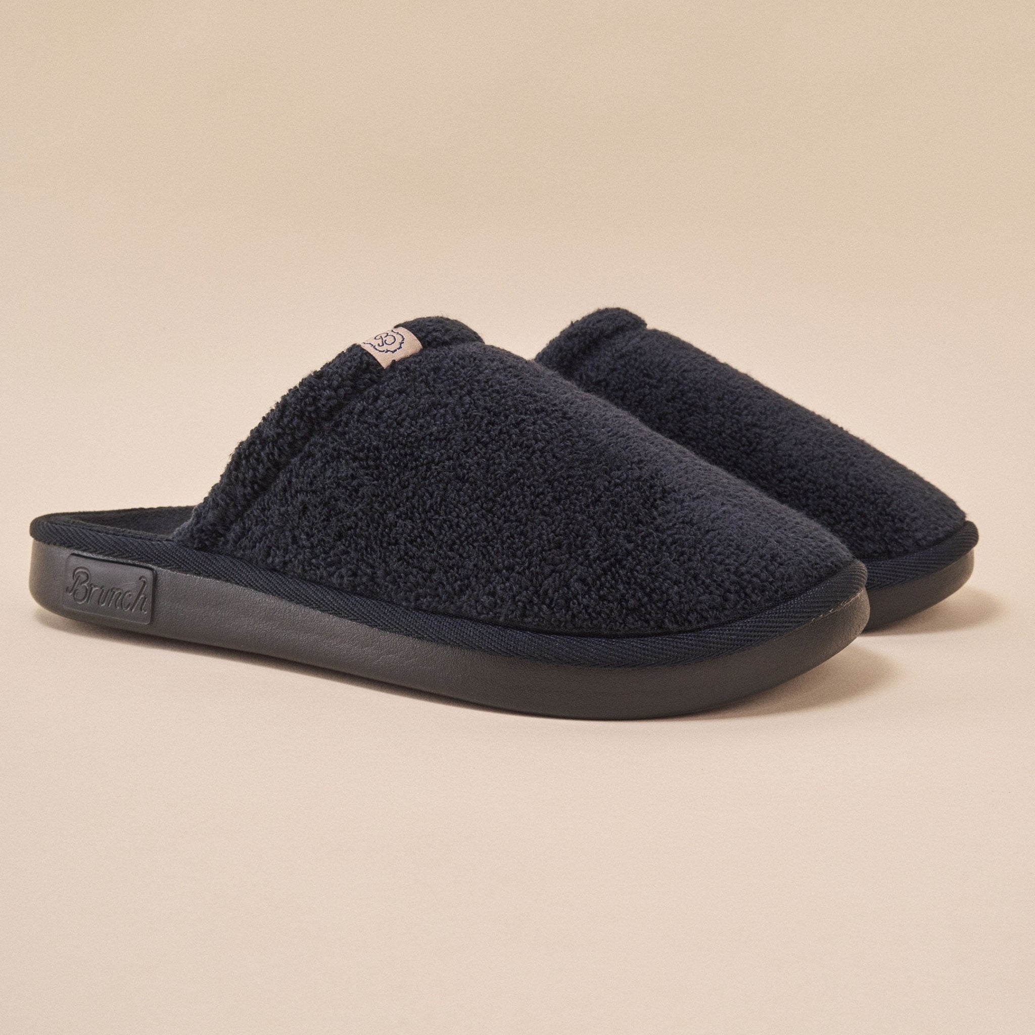 Essential Black terry slipper by Brunch, available with personalized embroidery