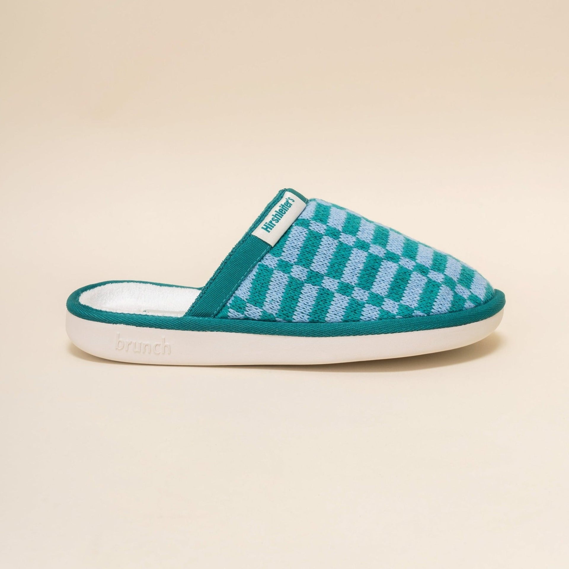 Side view of Brunch x Hirshleifers marine knit slipper with teal and light blue checker upper and white cushioned sole