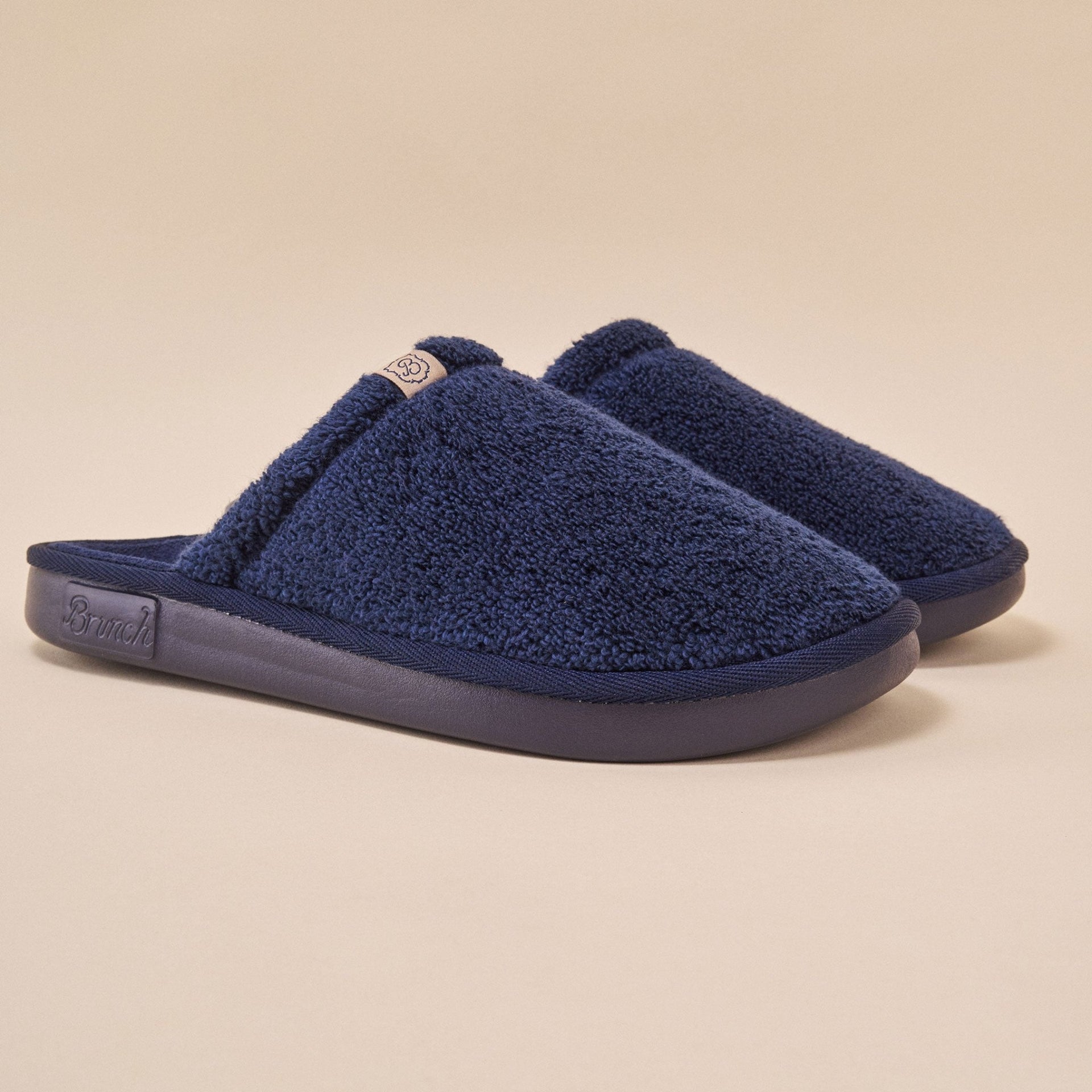 Essential Navy terry slipper by Brunch, available with personalized embroidery
