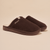 Angled view of Essential Shearling slipper showing brown suede upper, white shearling lining and Brunch embroidered logo
