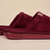 Close up side view of Essential slipper in burgundy showing terry loop upper and cushioned sole embossed brunch logo