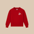 Front of Parke mockneck fleece sweatshirt in crimson with small white embroidered hearts and parke brunch logo on beige