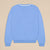Back view of baby-blue crewneck sweatshirt with white-striped collar