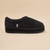 Side view of Puff XXL slipper in black terry showcasing extra thick platform sole and Brunch tag on beige background