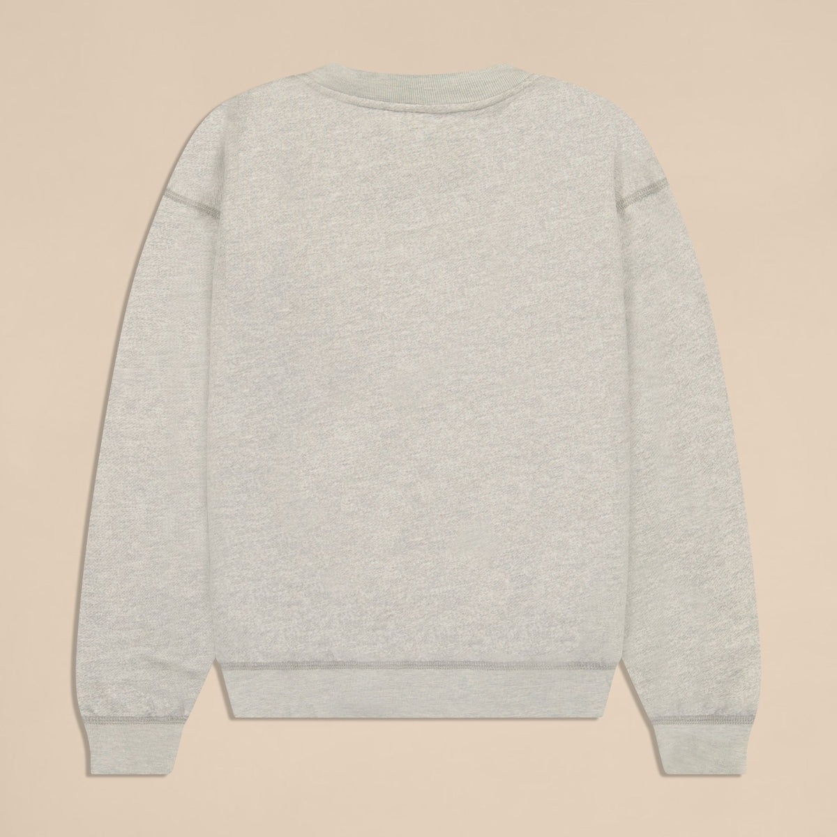 Back view of Varsity Crewneck in heather grey, showing French terry texture and ribbed cuffs and hem on beige background